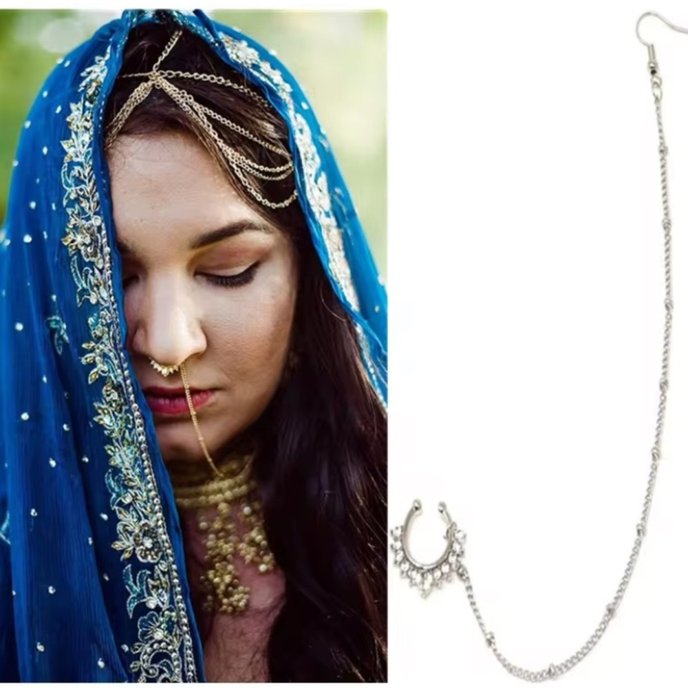 Gold Septum or Side Wall Nose Ring with Attatched Chain and Earring - Picture 3 of 4